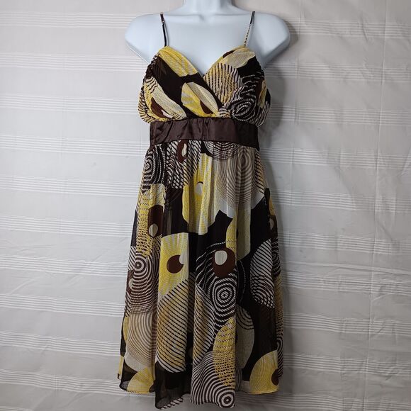 Alyn Paige Juniors Empire Waist Dress 7/8 Brown‎ Yellow Ruched Tie Back Coquette - Picture 1 of 16